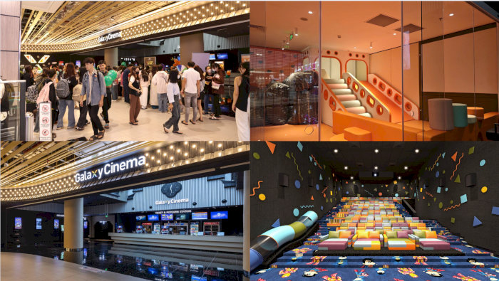 Galaxy Cinema mang lại trải nghiệm không gian đẳng cấp Rạp chiếu phim Galaxy Cinema Bốn góc ảnh của Galaxy Cinema với sảnh chờ đông người, khu vui chơi trẻ em, quầy vé hiện đại và phòng chiếu phim.