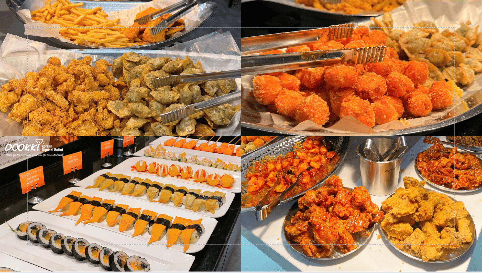 Khu vực buffet đa dạng các món chiên như khoai tây chiên giòn rụm, gà chiên sốt đậm đà, há cảo chiên phồng và cả những miếng sushi Nhật Bản bắt mắt.
