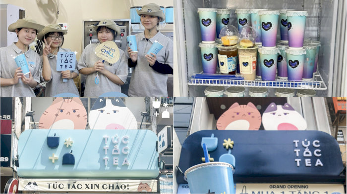 Bốn góc ảnh về Túc Tắc Tea ở Hà Nội với nhân viên, quầy pha chế và các loại đồ uống mát lạnh.