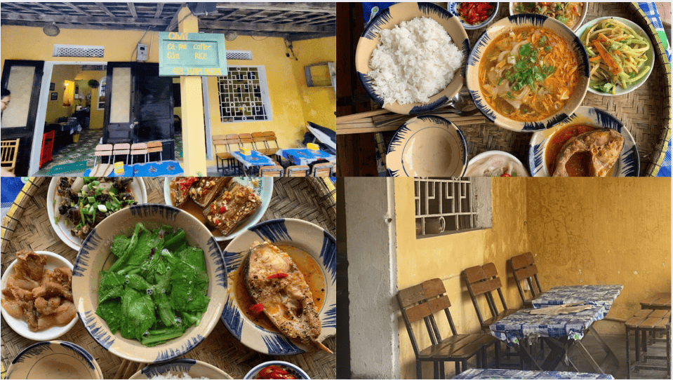 Thưởng thức mẹt cơm 5 món trong không gian hoài niệm tại Cơm Chất Collage bốn hình ảnh về một quán cơm nhỏ, có lẽ là quán cơm gia đình, với mặt tiền sơn màu vàng giản dị, bộ bàn ghế gỗ và mâm cơm nhà với cơm trắng, cá kho, rau luộc và canh