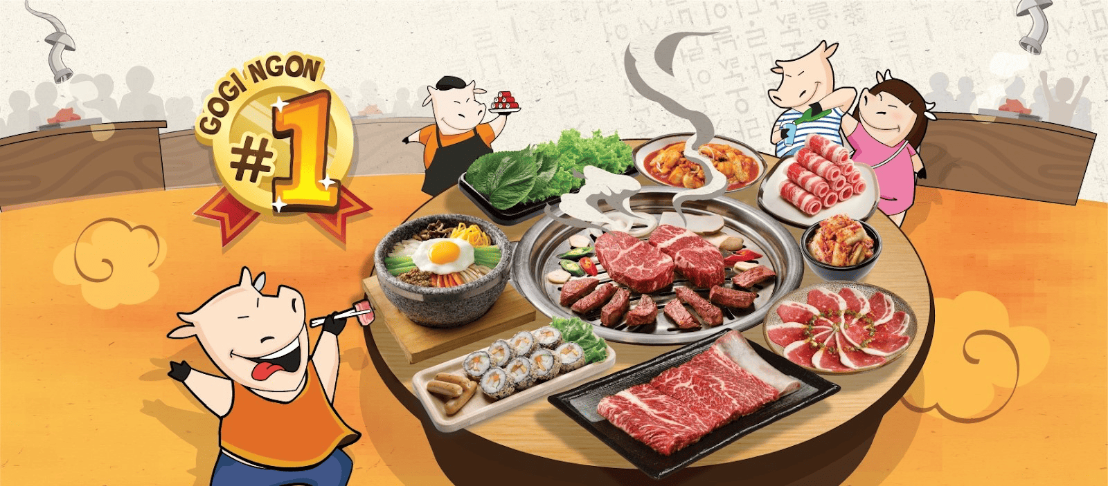 chú heo đang thưởng thức bữa tiệc thịt nướng hấp dẫn tại GoGi House, kèm theo dòng chữ "GoGi Ngon #1" khẳng định chất lượng.