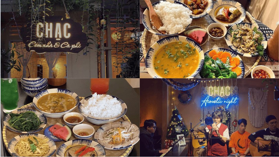 Chạc cơm nhà & cà phê - điểm đến lý tưởng cho cả ngày dài của bạn tại Huế Collage bốn hình ảnh về nhà hàng Chạc ở Hà Nội, từ mặt tiền trang trí đèn lồng, không gian ấm áp với bữa ăn gia đình, đến đêm nhạc acoustic sôi động.