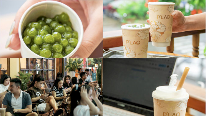 Bốn góc ảnh về trà sữa It's Llao ở Hà Nội, từ trân châu xanh, đồ uống mang đi đến không gian quán.