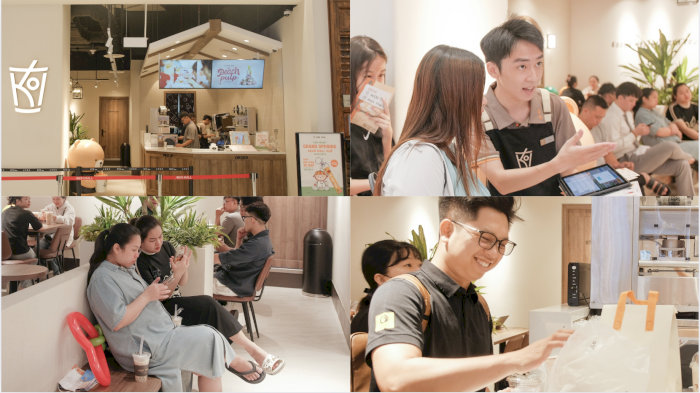 Không gian quán KOI Thé Hà Nội nhộn nhịp với khách hàng order và chờ đồ uống.