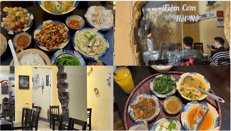 Tiệm cơm Hồi Nớ nơi lưu giữ hương vị Huế xưa Collage bốn hình ảnh về tiệm cơm Hội Ngộ ở Hà Nội, từ mâm cơm gia đình ấm cúng với nhiều món ăn truyền thống, không gian quán giản dị, đến khách đang dùng bữa