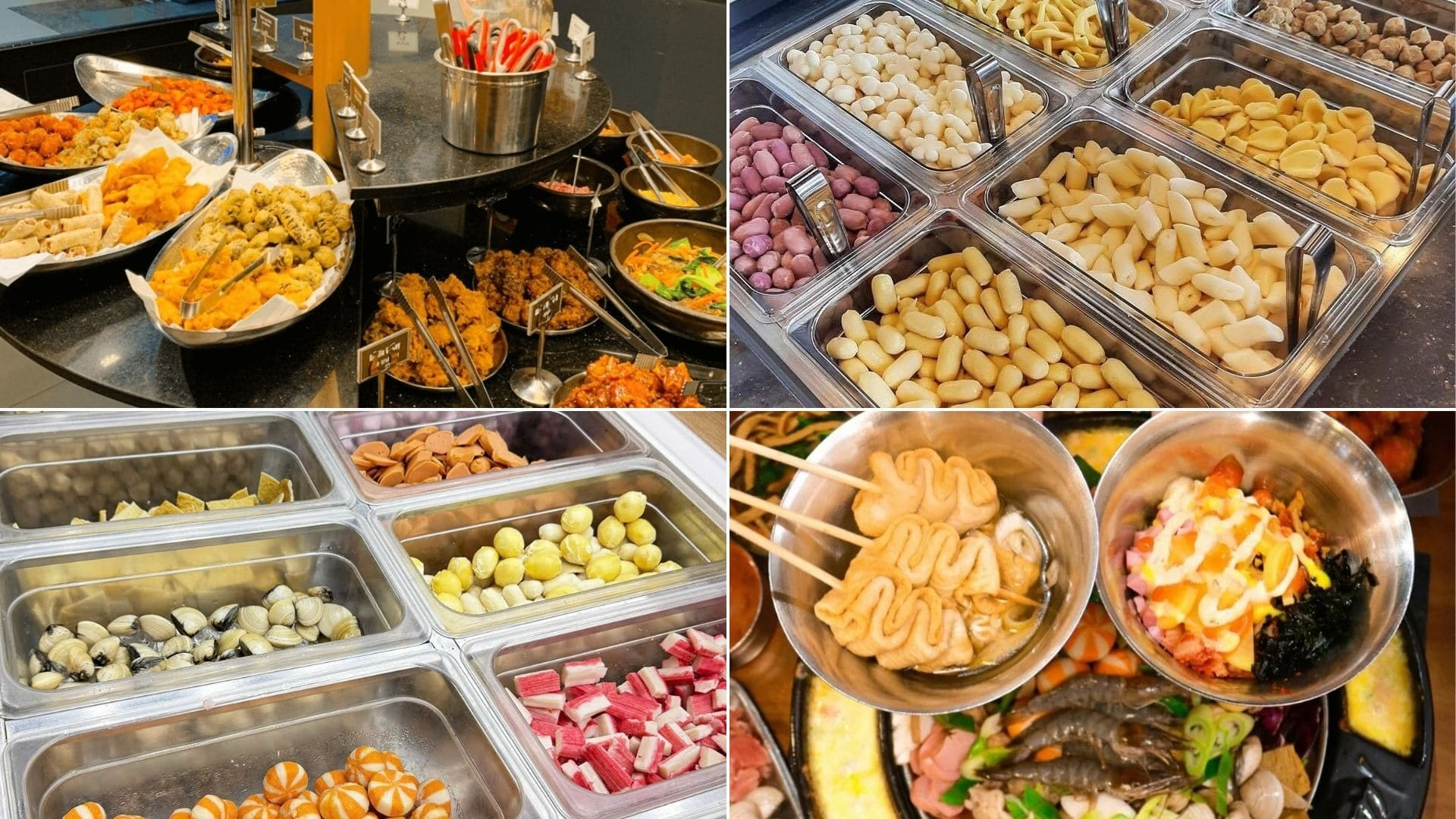 Khu vực buffet đa dạng các loại topping hấp dẫn cho món lẩu, bao gồm tokbokki, chả cá xiên que, xúc xích, ba chỉ bò và nhiều loại viên thả lẩu khác.