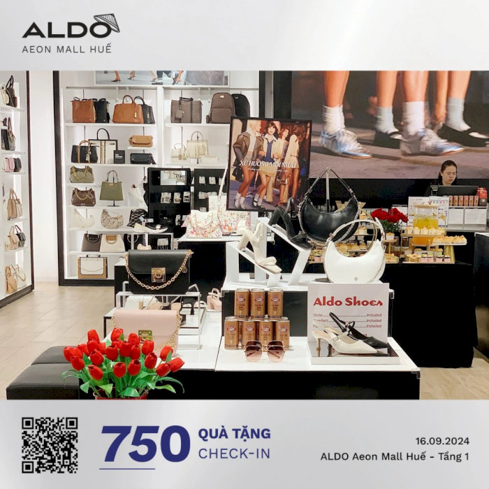 Cửa h&agrave;ng t&uacute;i x&aacute;ch Aldo Aeon Mall Huế Kh&ocirc;ng gian trưng b&agrave;y t&uacute;i x&aacute;ch v&agrave; gi&agrave;y d&eacute;p đa dạng của Aldo tại Aeon Mall Huế.
