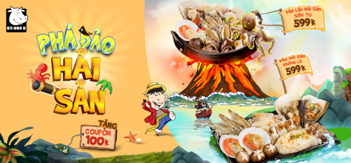 Quảng cáo lẩu hải sản tại GoGi Cao Thắng, Hà Nội, với nồi lẩu khổng lồ và các món hải sản tươi ngon.