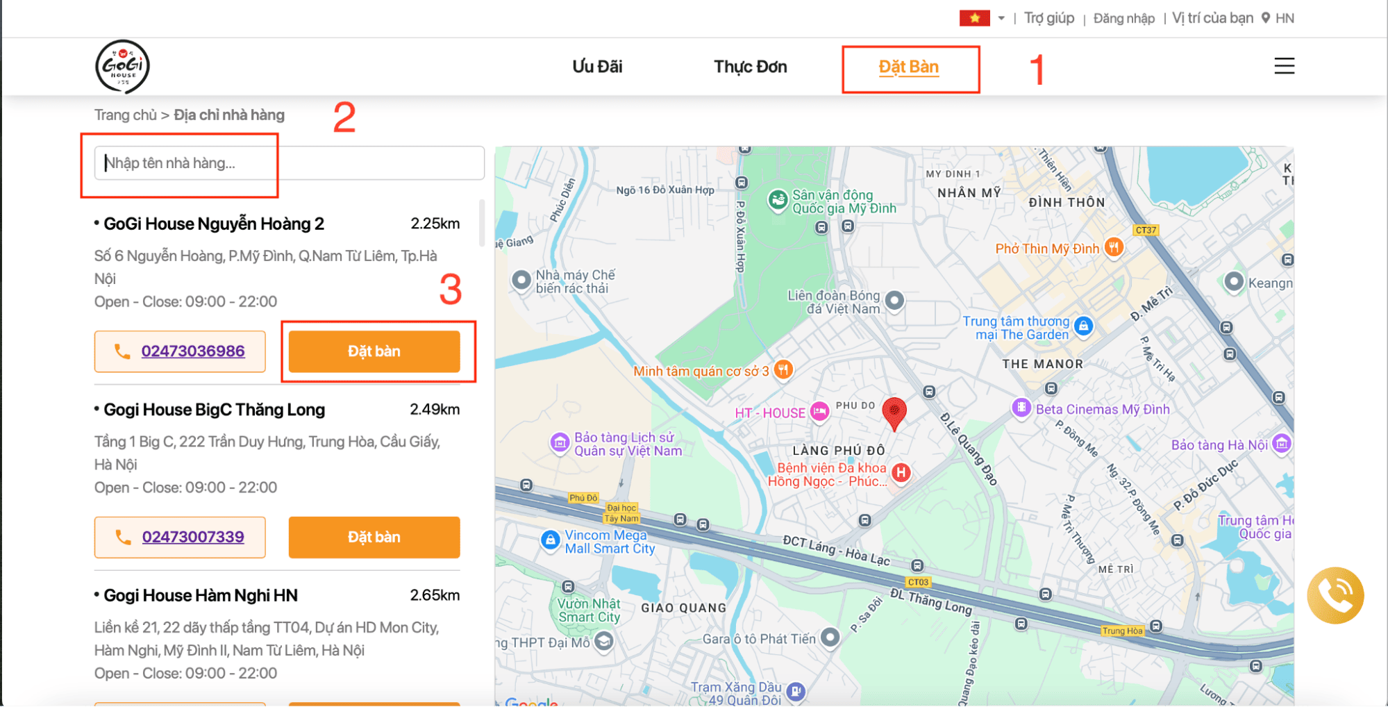 Giao diện trang web GoGi House hiển thị bản đồ vị trí các chi nhánh, ô tìm kiếm địa điểm và danh sách các nhà hàng gần nhất kèm thông tin chi tiết 