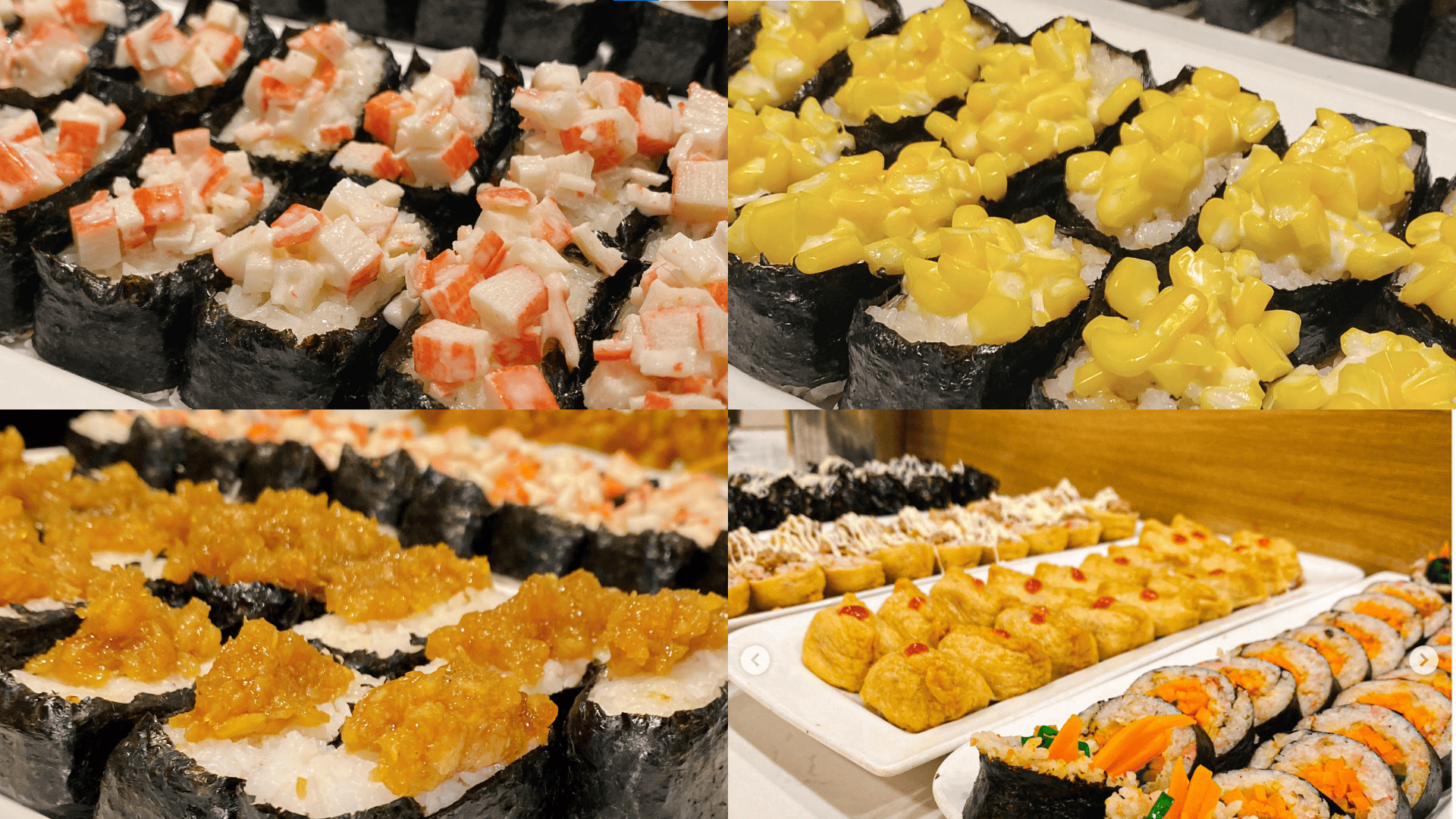 Khu vực buffet đa dạng các món chiên như khoai tây chiên giòn rụm, gà chiên sốt đậm đà, há cảo chiên phồng và cả những miếng sushi Nhật Bản bắt mắt.