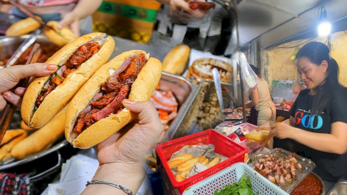 Ổ bánh mì giòn rụm tại tiệm Bánh Mì Bé Na mang đến hương vị ẩm thực Huế đậm đà.