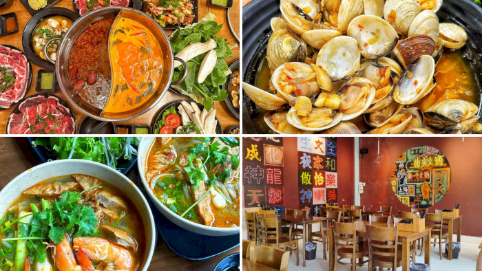 Bốn góc ảnh về nhà hàng Tom Yum Thái ở Hà Nội với lẩu Thái Tom Yum và các món ăn hấp dẫn.