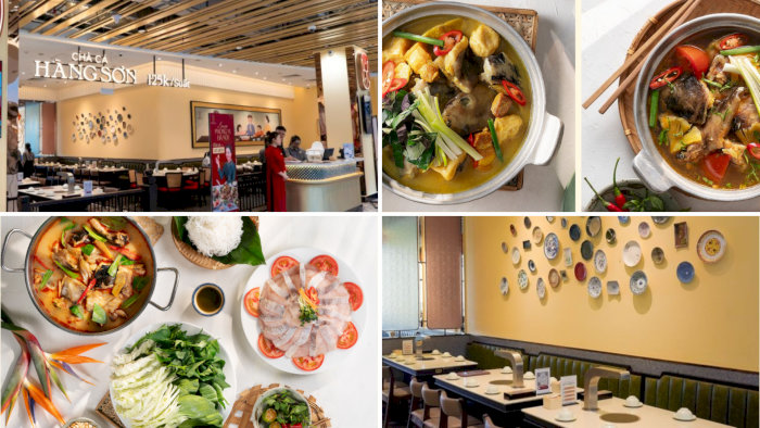Bốn góc ảnh về nhà hàng Chả Cá Hàng Sơn ở Hà Nội với không gian và món lẩu lươn đặc trưng.