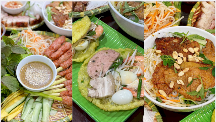 Món ngon truyền thống Việt Nam: nem lụi thơm lừng và bánh khoái giòn rụm, đầy màu sắc hấp dẫn.