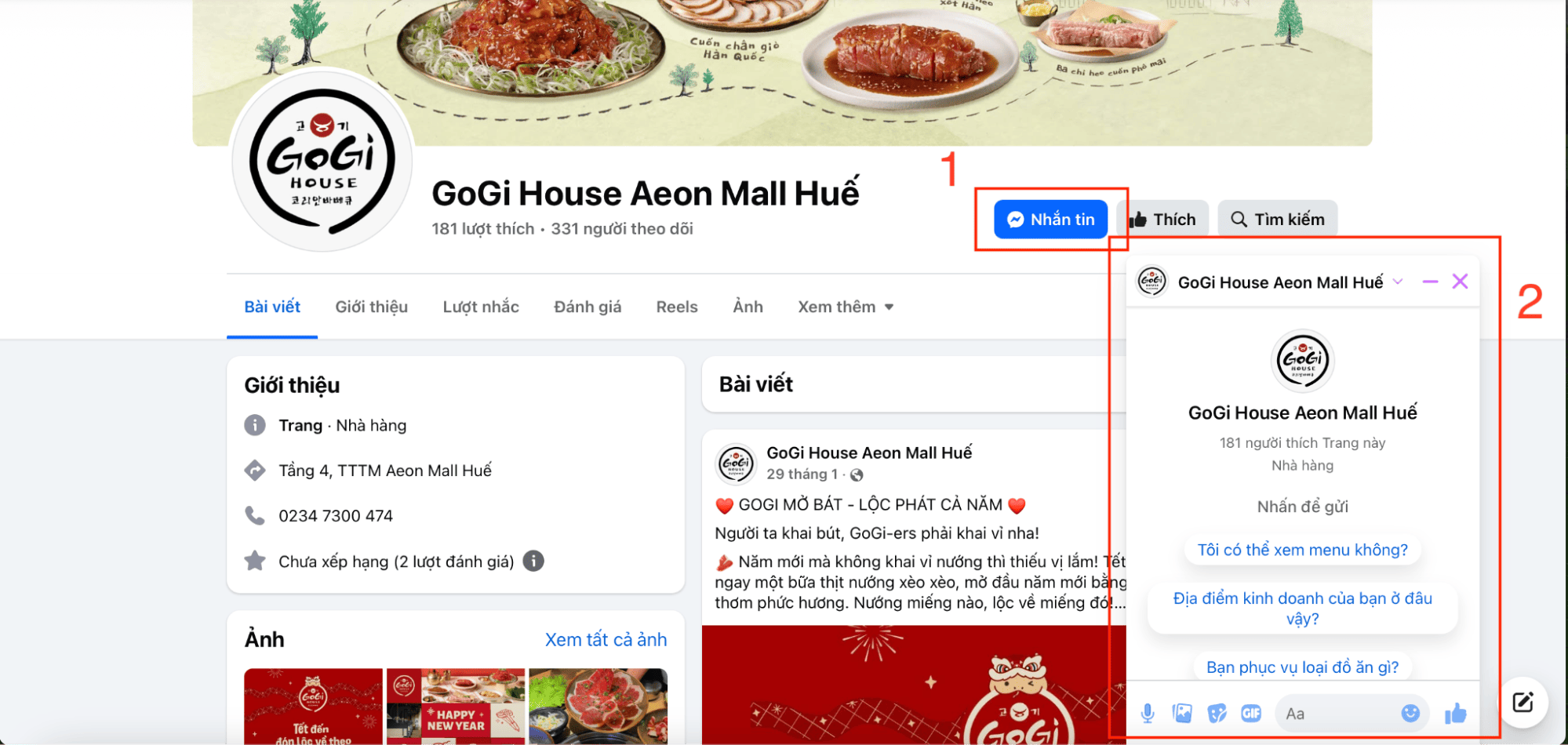 Trang Facebook chính thức của nhà hàng GoGi House tại Aeon Mall Huế, hiển thị nút "Nhắn tin" nổi bật và cửa sổ chat đang mở để tương tác với khách hàng.