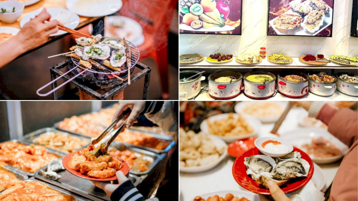  Collage ảnh ghép cảnh nướng hàu trên than hoa, quầy buffet đa dạng món và thực khách thưởng thức hải sản tươi ngon.