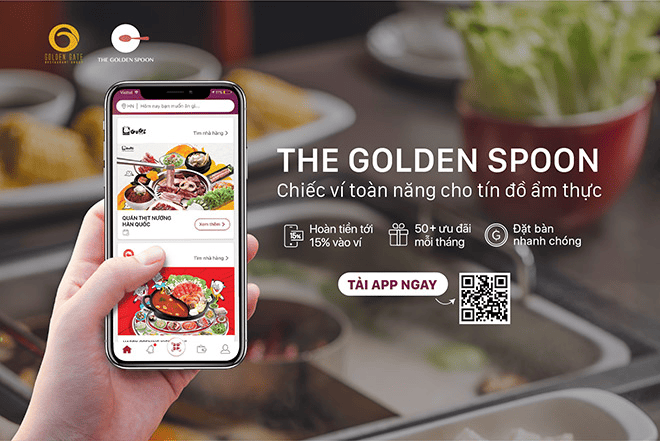 ứng dụng The Golden Spoon trên điện thoại di động với giao diện bắt mắt, cùng các ưu đãi hấp dẫn như hoàn tiền, giảm giá và đặt bàn nhanh chóng.