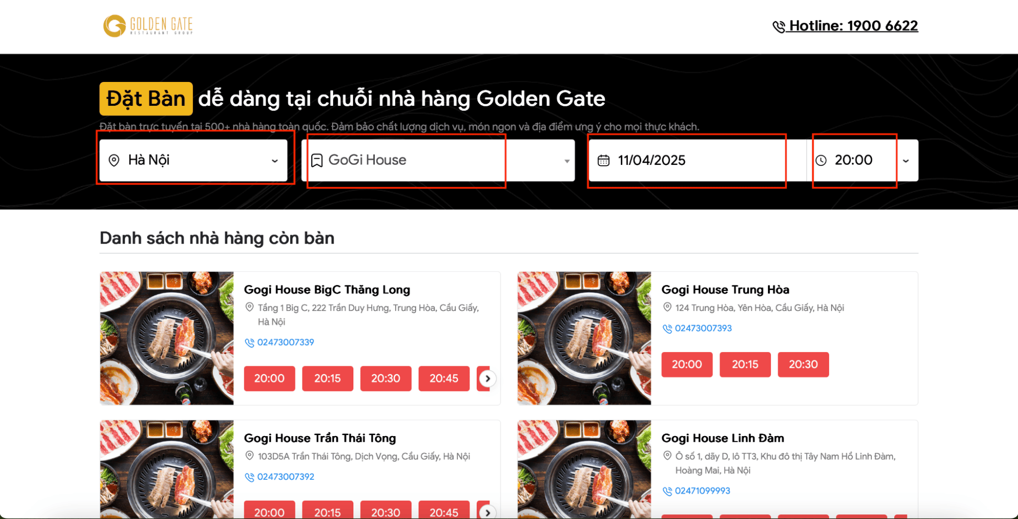 Giao diện đặt bàn trực tuyến của chuỗi nhà hàng Golden Gate, cho phép người dùng chọn địa điểm Hà Nội, nhà hàng GoGi House