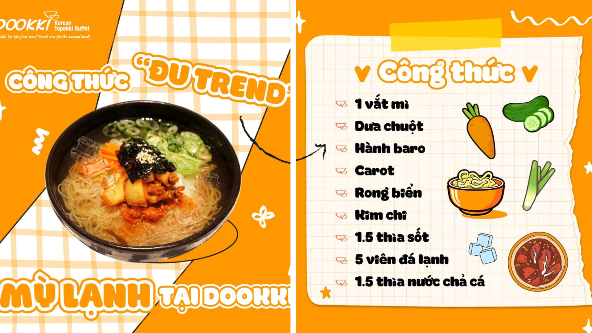 Bát mì trộn Hàn Quốc Du Trend tại Dookki với sợi mì dai ngon, kim chi cay nồng, rong biển và hành lá tươi xanh cùng công thức chế biến chi tiết bên cạnh.