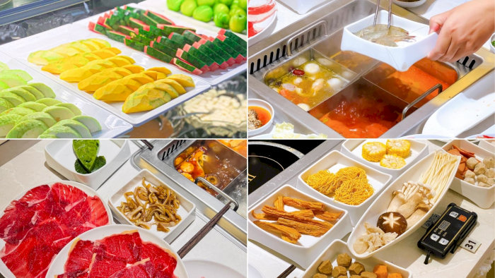 Collage bốn hình ảnh cận cảnh các nguyên liệu tươi ngon cho món lẩu Guandu Hotpot, bao gồm thịt bò, rau xanh, nấm và nước lẩu đậm đà.