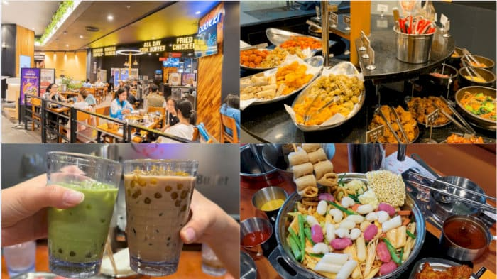 Mặt tiền quán Super Tea tại Mount Austin với biển hiệu lớn, thiết kế hiện đại và màu sắc bắt mắt.