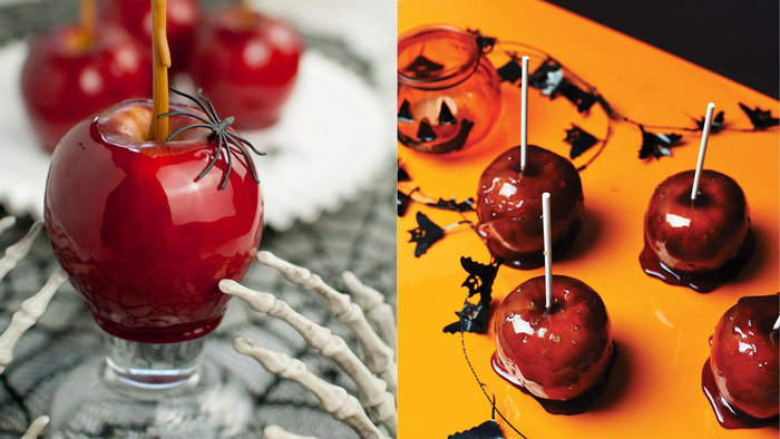 Kẹo t&aacute;o l&agrave; một trong những m&oacute;n tr&aacute;ng miệng Halloween cổ điển, được chế biến bằng c&aacute;ch nh&uacute;ng t&aacute;o tươi v&agrave;o lớp caramel hoặc toffee
