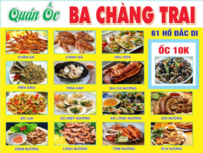 Thực đơn đa dạng tại chi nhánh 1 của quán ốc Ba Chàng Trai