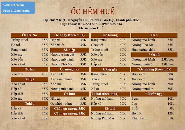 Menu ốc hẻm Huế – đủ món từ hấp, xào đến nướng, với mức giá bình dân.