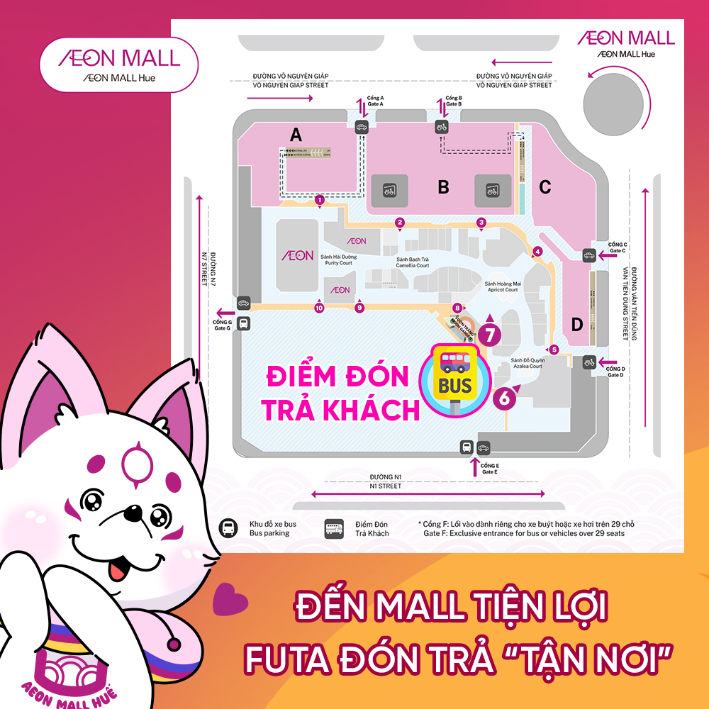 Sơ đồ điểm đón/trả khách tại AEON MALL Huế được thiết kế để đảm bảo sự thuận tiện và thoải mái cho khách hàng